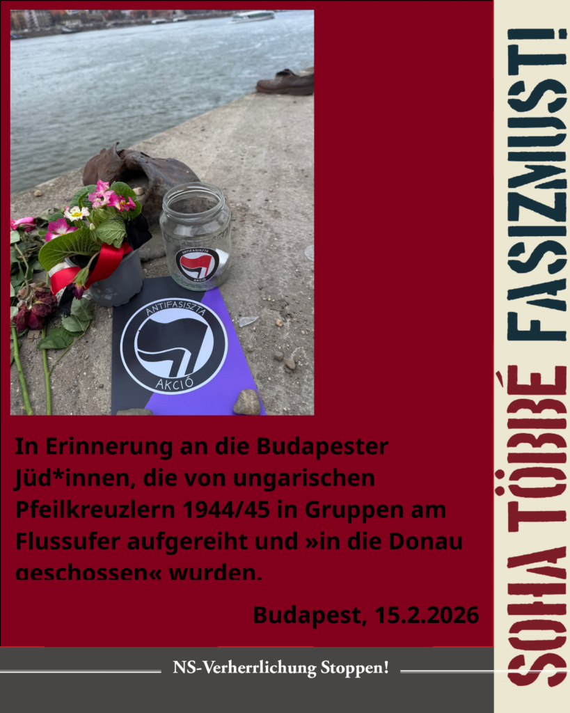 In memory of the Jews of Budapest who were lined up in groups on the riverbank by Hungarian Arrow Cross members in 1944/45 and “shot into the Danube.” The iron shoes commemorate the victims of the mass shootings.